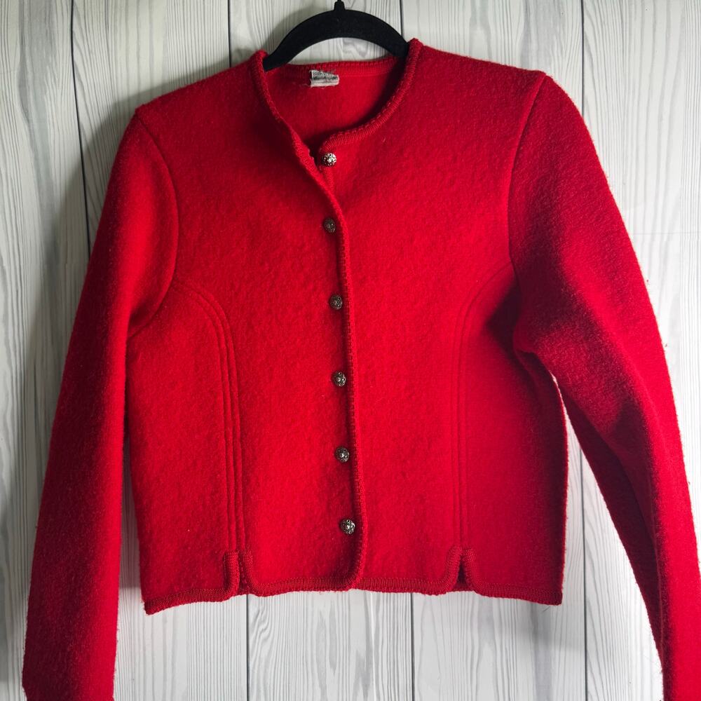 Vintage Unbranded Size Medium Boiled Wool RedCardigan Sweater Silver